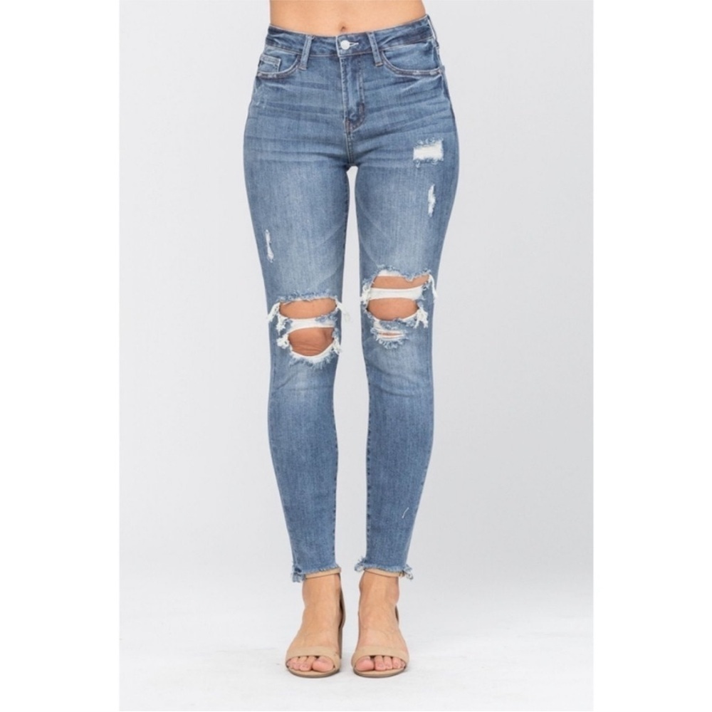 Judy Blue Medium Wash Skinny Fit Frayed Hem Distressed Jeans Women Size 3/26